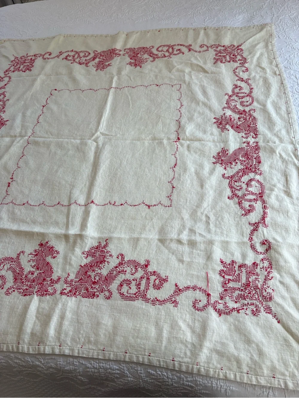 Vintage Red and Cream Embroidered Dining Tablecloth